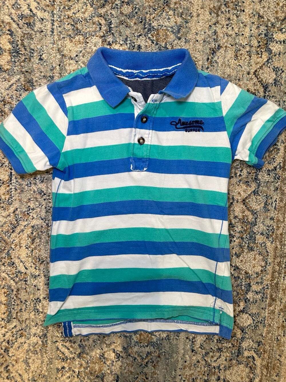 Mothercare Boys Blue and Green Striped Short Sleeve Polo Shirt Size 7 Years